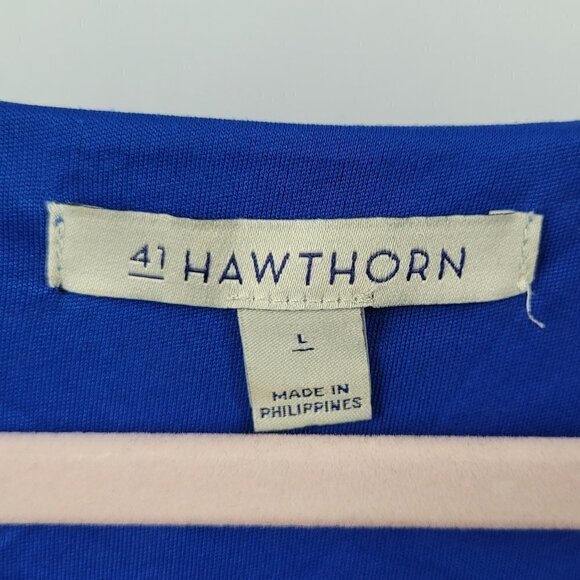 Stitch Fix 41 Hawthorn Mora Blue Stretch Knit Print Beaded Neck Dress L - Picture 2 of 9